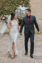 Illusion Neckline Split Sweep Train Wedding Dress Open Back Bridal Gown  WD471