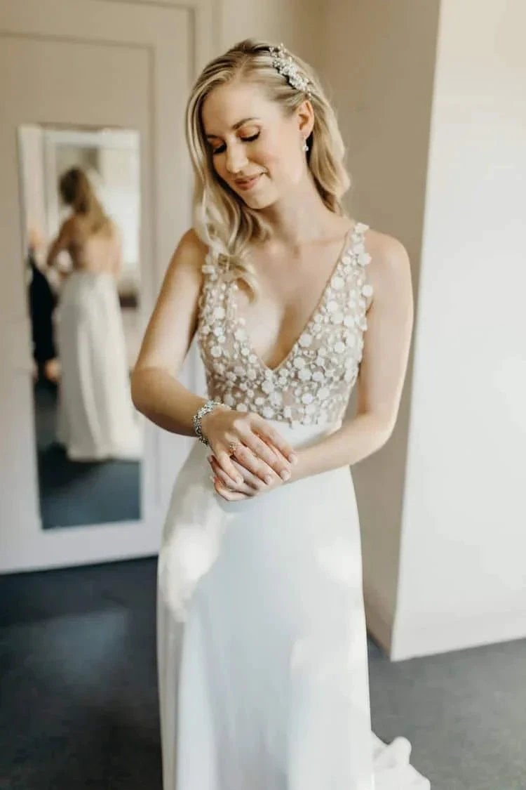 Illusion V-Neck A-line Beach Wedding Dress Chaple Train Sheath Bridal Gown WD423 by pgmdress
