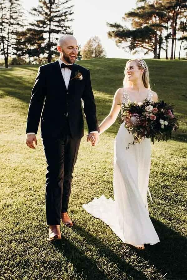 Illusion V-Neck A-line Beach Wedding Dress Chaple Train Sheath Bridal Gown WD423 by pgmdress