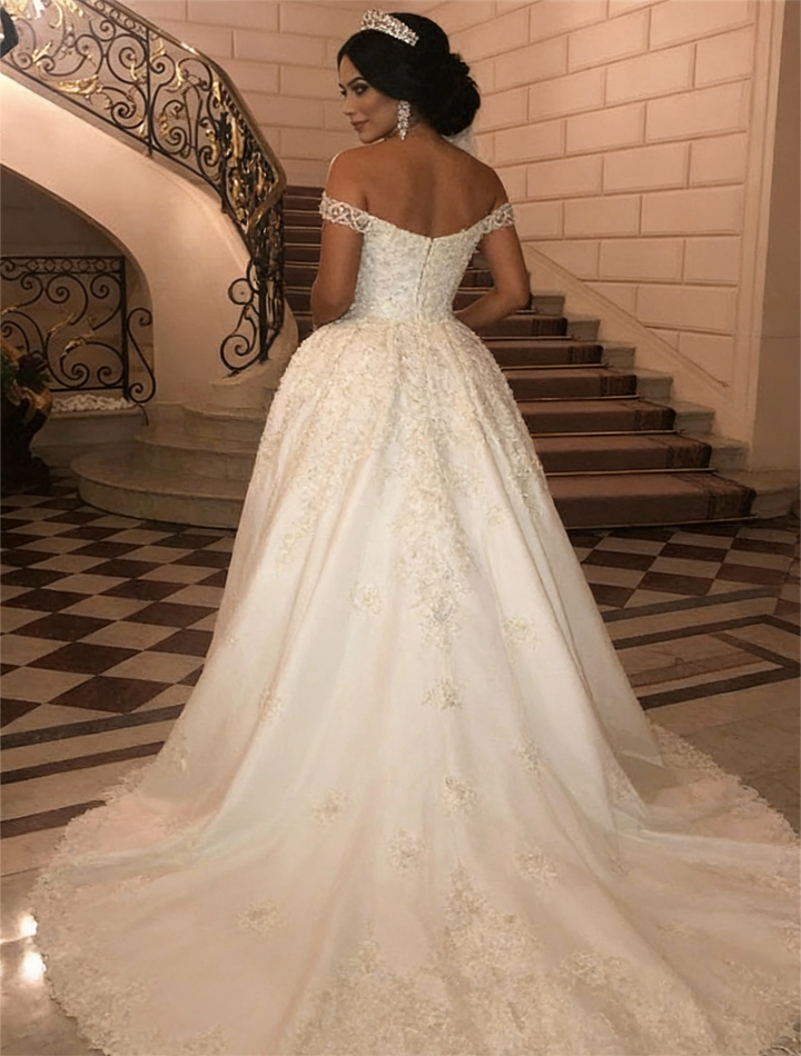 Off-the-Shoulder Mermaid Wedding Dress Overskirt Lace Bridal Gown