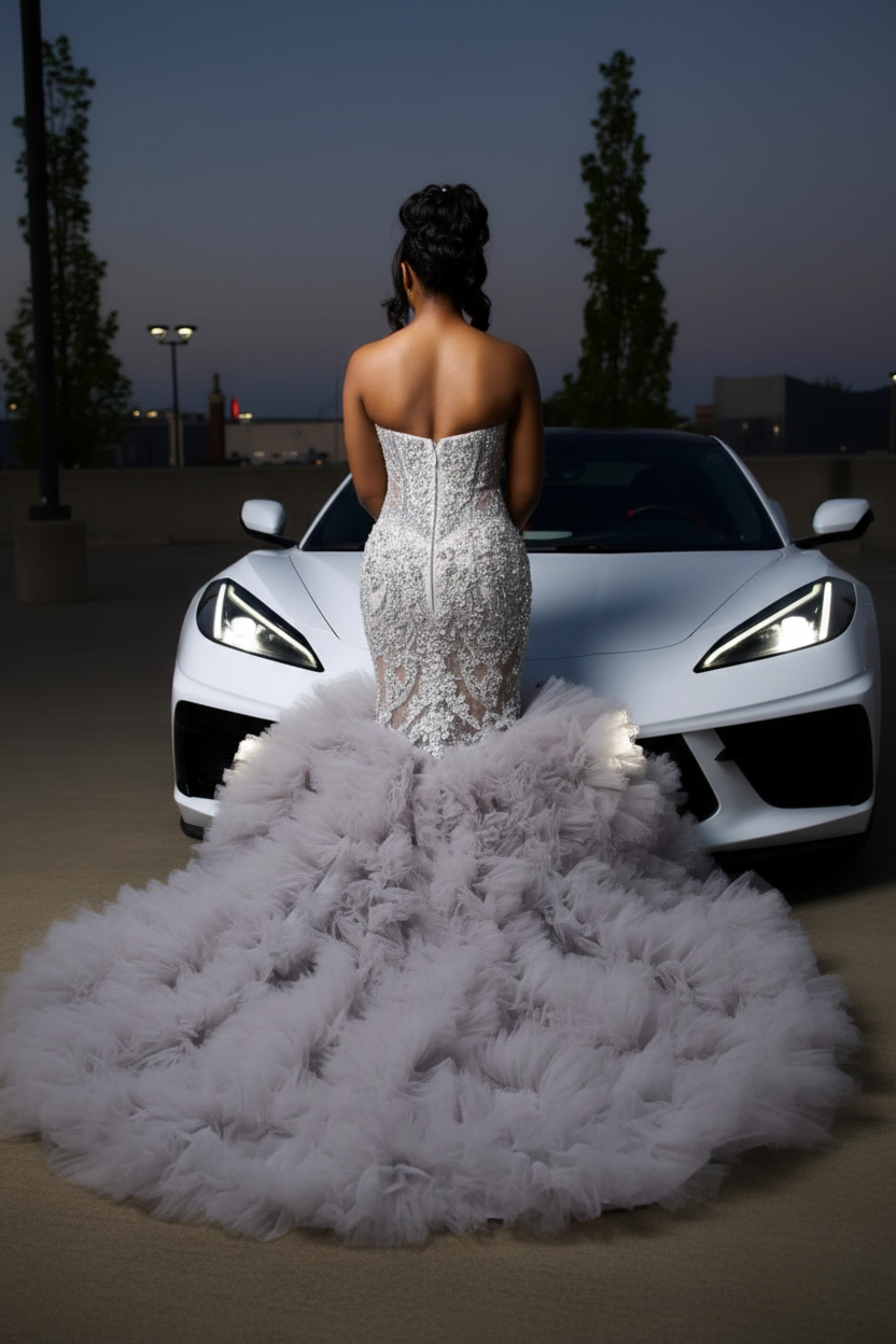 The Silver Cloud - 2026 Crystal Beaded Mermaid Gown: Sweetheart Neckline with Cascading Crystal Fringe &amp; Extravagant White Tulle Cloud Ruffle Train