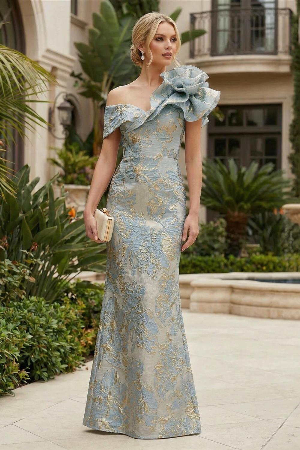 Sheath Floral Jacquard Off Shoulder Mother of the Bride & Groom Dresses with Flower (SHI22500777)