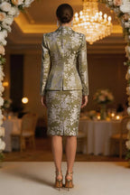 Olive Green Floral Jacquard Suit for Women — Single-Button Tailored Blazer and Knee-Length Pencil Skirt, Elegant Wedding & Evening Mother’s Dress (ZD17075)