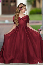 Elegant Ivory Satin Princess Ball Gown with Sweep Train and Bow for Flower Girls