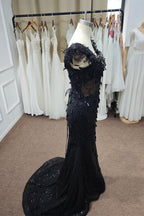 Luxury Black Sequin Mermaid Prom Dress – Illusion Corset Bodice with 3D Beaded Lace & Off-the-Shoulder Detail | 2026 Gothic Glamour Evening Collection (ZD17397)