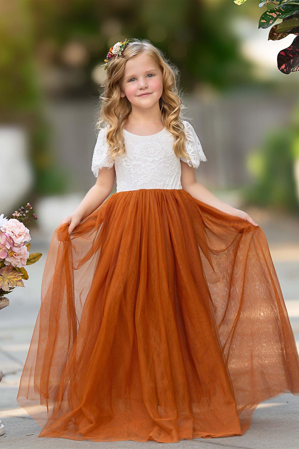 Lace Ankle-length Burnt Orange Boho Flower Girl Dress