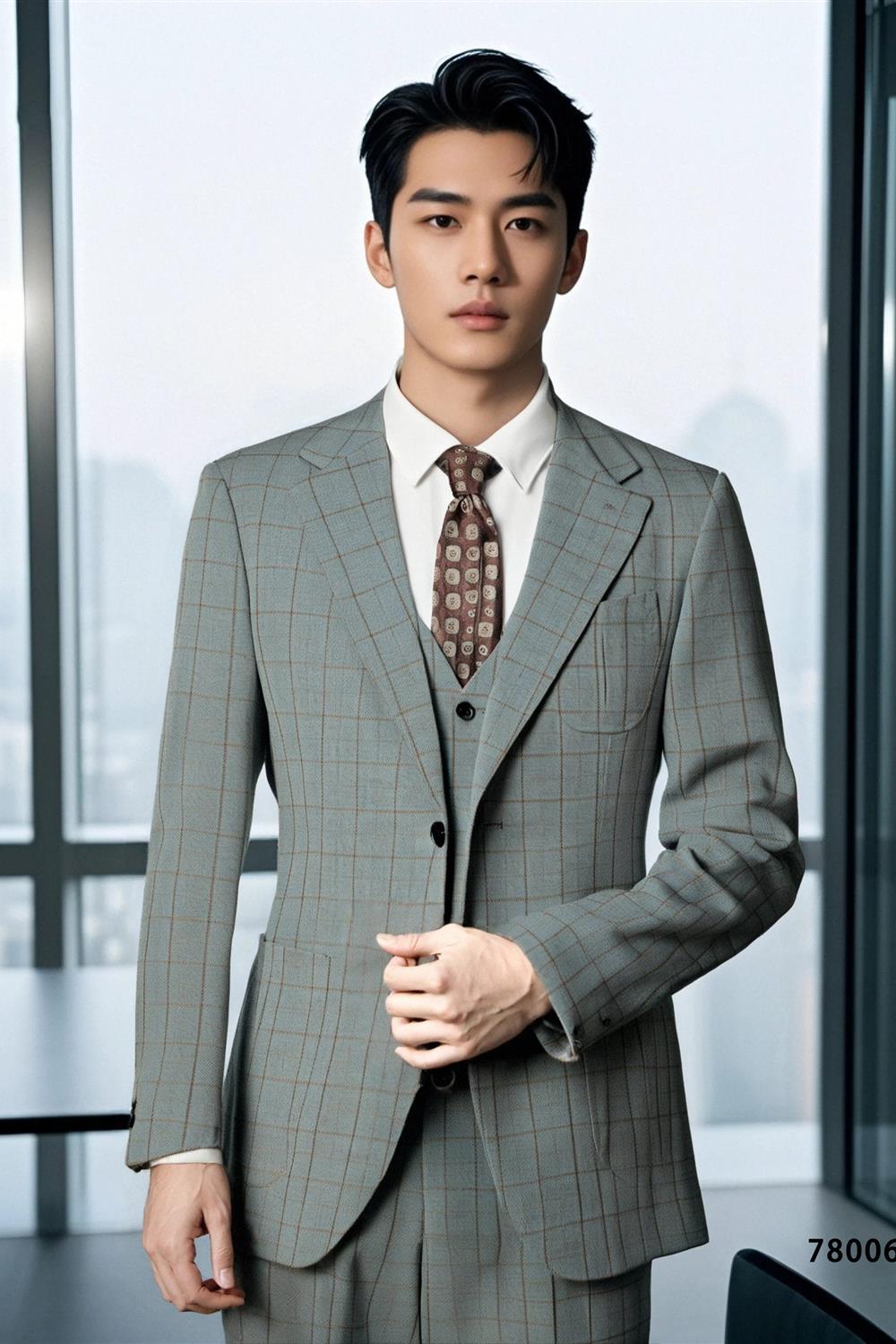 Windowpane Check Three Piece Wool Suit For Groom Wedding (ZD17101)