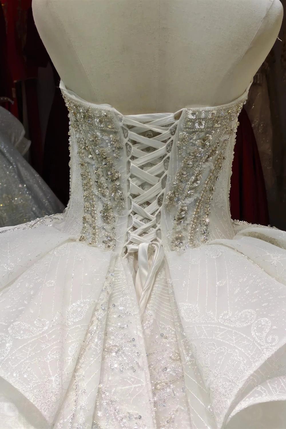 White Gleam Strapless Ballgown Beaded Bust & Ruffled Train (ZD16779)