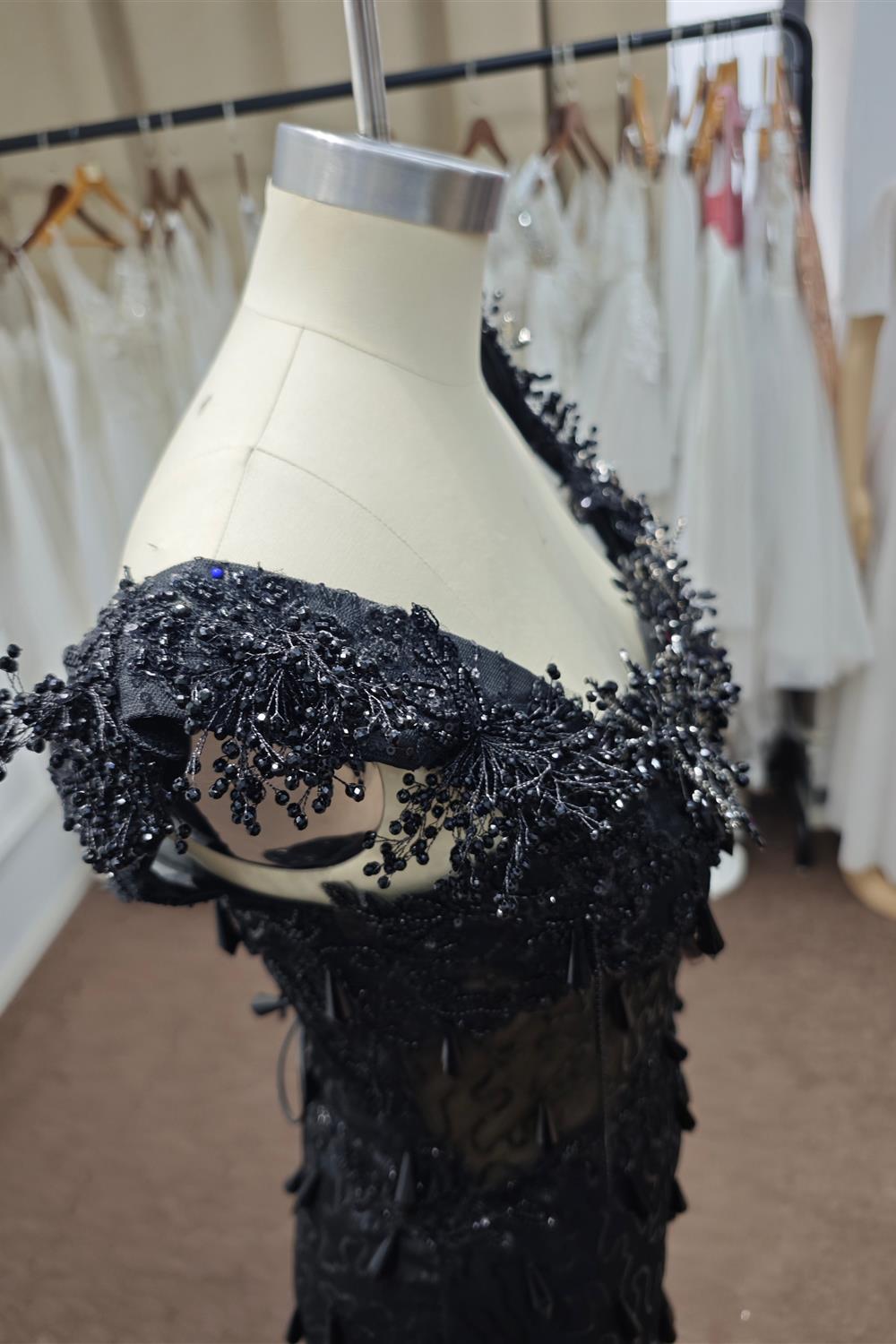 Luxury Black Sequin Mermaid Prom Dress – Illusion Corset Bodice with 3D Beaded Lace & Off-the-Shoulder Detail | 2026 Gothic Glamour Evening Collection (ZD17397)
