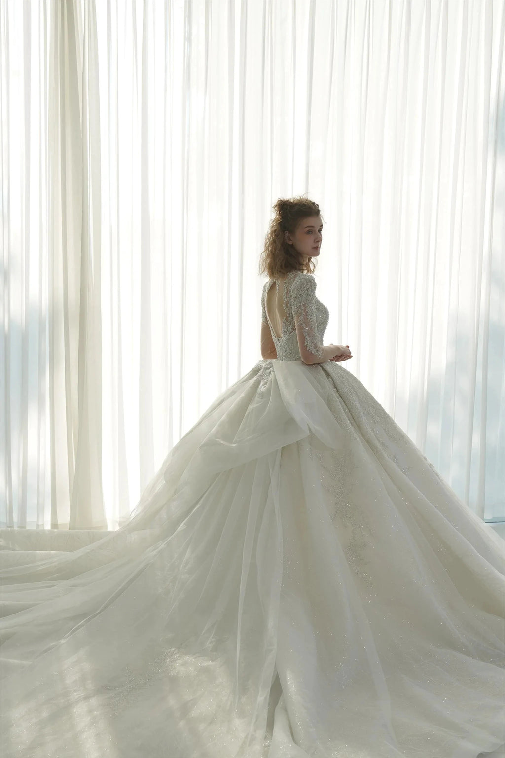 Dazzling Ball Gown Deep V-Neck Tulle Wedding Dress with Beaded Embroidery & Illusion Cut-Out Back Q-6022 (ZD16918)