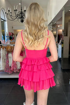 Vestido de fiesta rosa intenso con tirantes finos y corte en A, Y2287