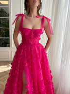 Kayleigh | Fuchsia Elegant A-line 3D Flower Lace Prom Dress With Slit by KissProm