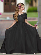 Elegant Ivory Satin Princess Ball Gown with Sweep Train and Bow for Flower Girls