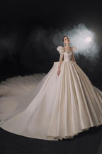 Regal Ball Gown Illusion Neckline Tulle Puff Sleeve Beaded Lace Wedding Dress with Oversized Bow Train E-304 (ZD16888)