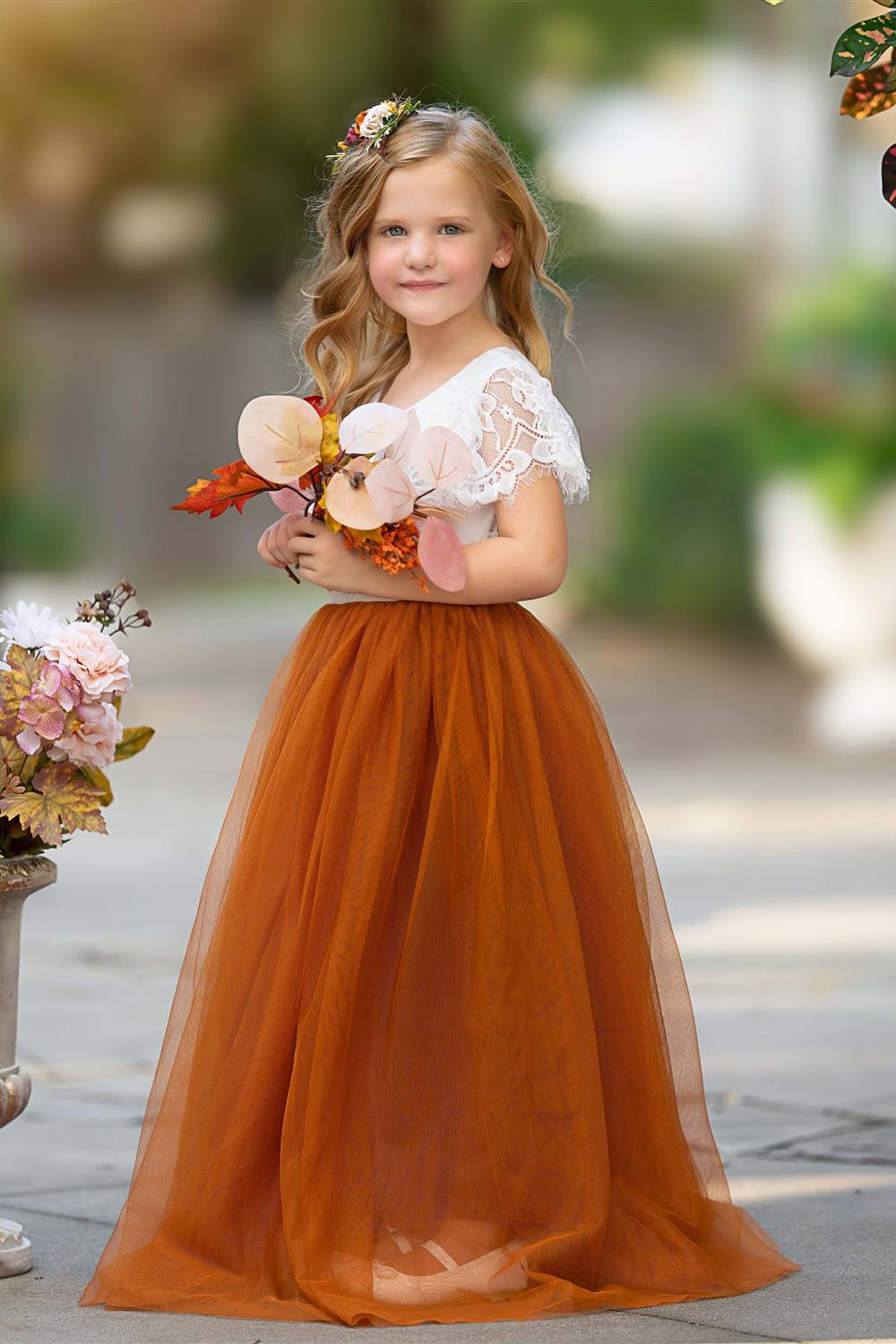 Lace Ankle-length Burnt Orange Boho Flower Girl Dress