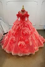 Abito da sposa a palloncino rosso corallo vivace con scollo a barca, applicazioni di rose tridimensionali e nappine di perline Ye-2036
