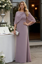 Sheath/Column Scoop Neck Floor-Length Mother of the Bride Dresses with Asymmetical Cape (SHI22500011)