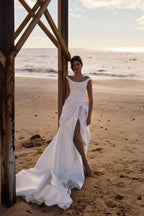 Odelle Off‑Shoulder Satin Wedding Gown — Draped Bodice, High Slit & Sweep Train (ZD15424)