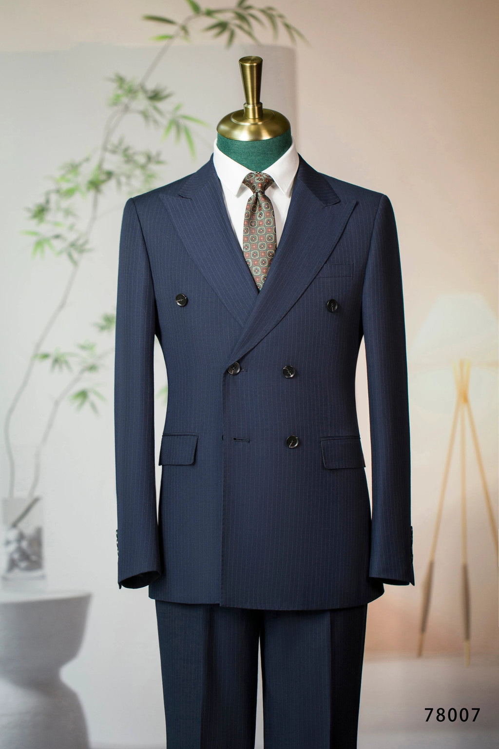 Traje Formal de Lana Azul Marino con Rayas y Doble Botonadura para Novios y Negocios