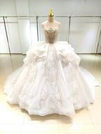White Gleam Strapless Ballgown Beaded Bust & Ruffled Train (ZD16779)
