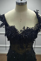 Luxury Black Sequin Mermaid Prom Dress – Illusion Corset Bodice with 3D Beaded Lace & Off-the-Shoulder Detail | 2026 Gothic Glamour Evening Collection (ZD17397)
