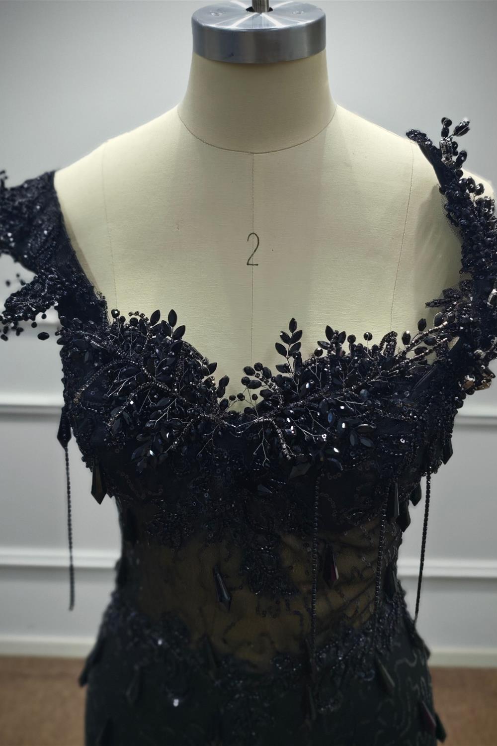 Luxury Black Sequin Mermaid Prom Dress – Illusion Corset Bodice with 3D Beaded Lace & Off-the-Shoulder Detail | 2026 Gothic Glamour Evening Collection (ZD17397)