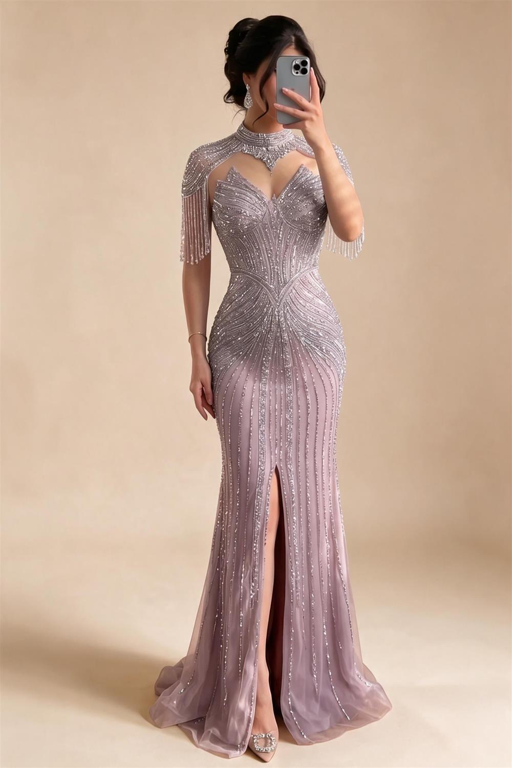 Zapdress Pink Beaded Tassel Mermaid Evening Dress with Split Formal Party Gowns for Women 2026 DLA72891A Customized (ZD17360)