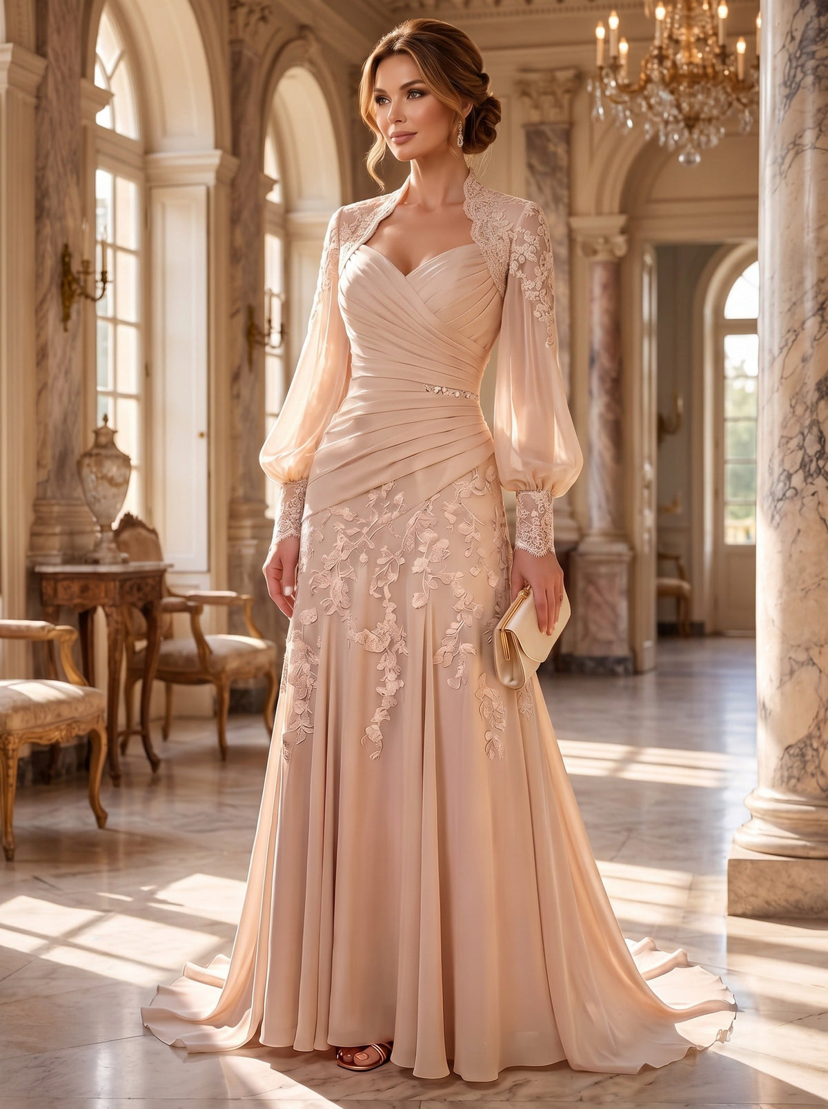 A-Line/Princess V-Neck Lace Appliques Floor-Length Mother of the Bride & Groom Dresses with Sweep Train & Pleats (SHI22501681)