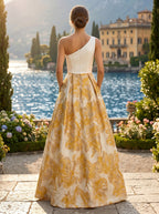 A Line V-Neck Stand Collar Half Sleeve Tea-Length Mother of the Bride Dresses with Jacquard (SHI22500307)