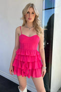 Vestido de fiesta rosa intenso con tirantes finos y corte en A, Y2287