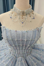 Robe de bal bleu clair enchanteresse, bustier sans bretelles, en tulle perlé, robe de mariée avec accents papillons en relief 3D Ye-2016