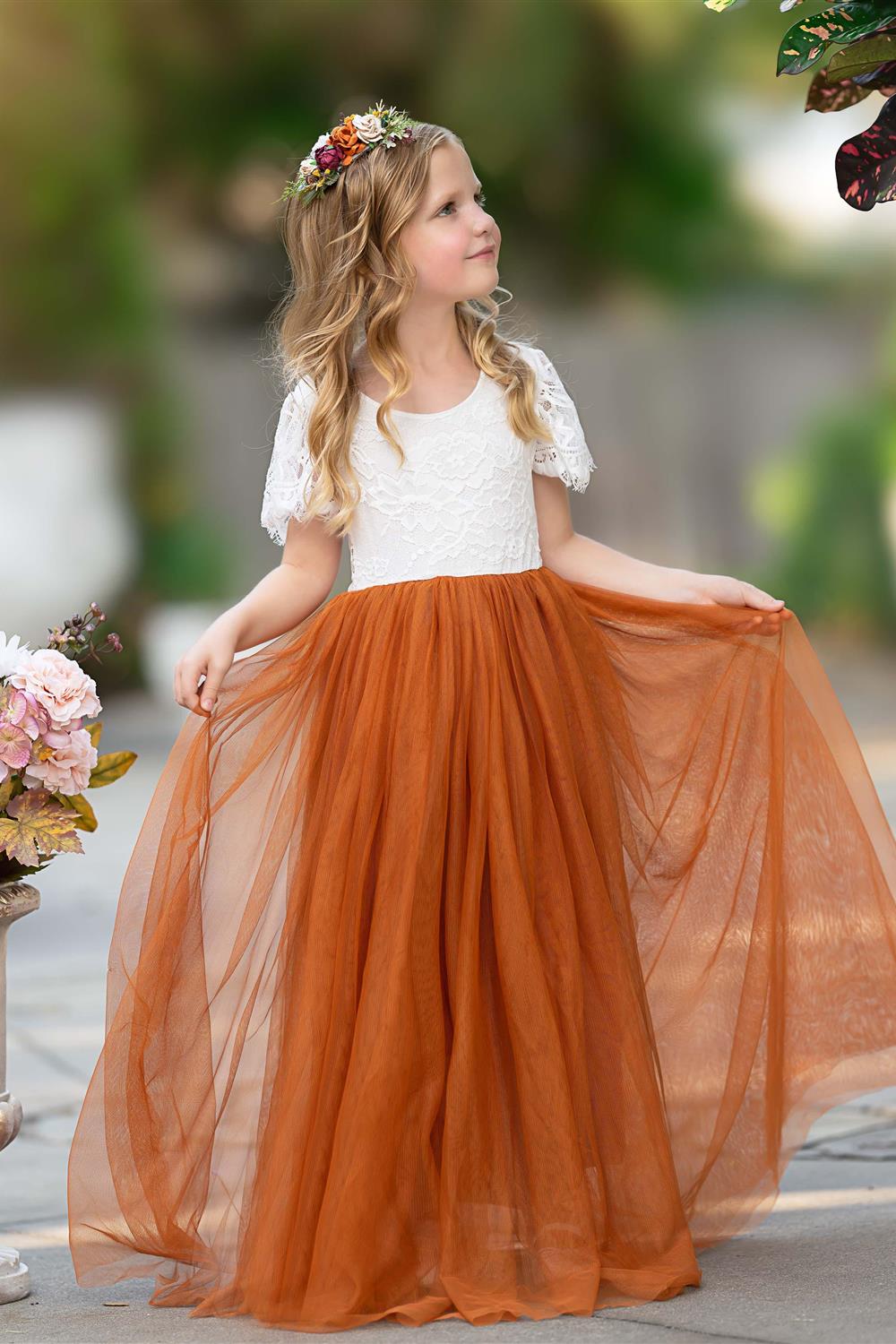 Lace Ankle-length Burnt Orange Boho Flower Girl Dress