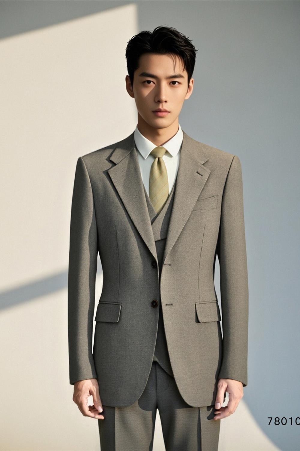 Traje de Tres Piezas en Lana Color Gris Taupe Sólido para Novio y Negocios