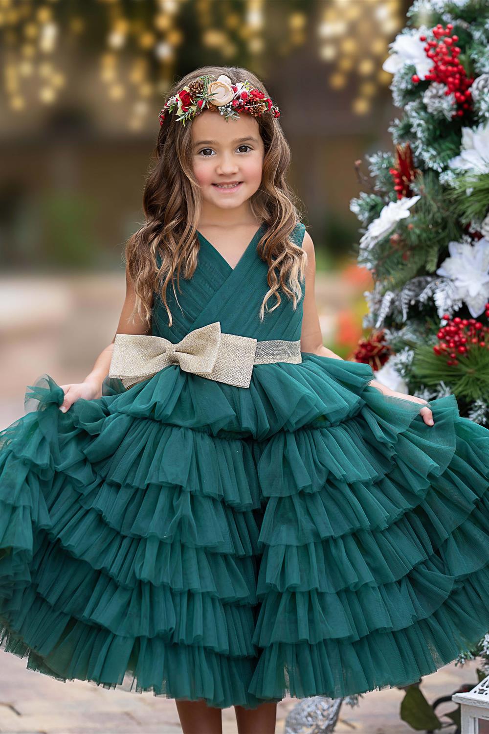 Enchanting Dark Green Tulle Ruffled Dress with Gold Bow