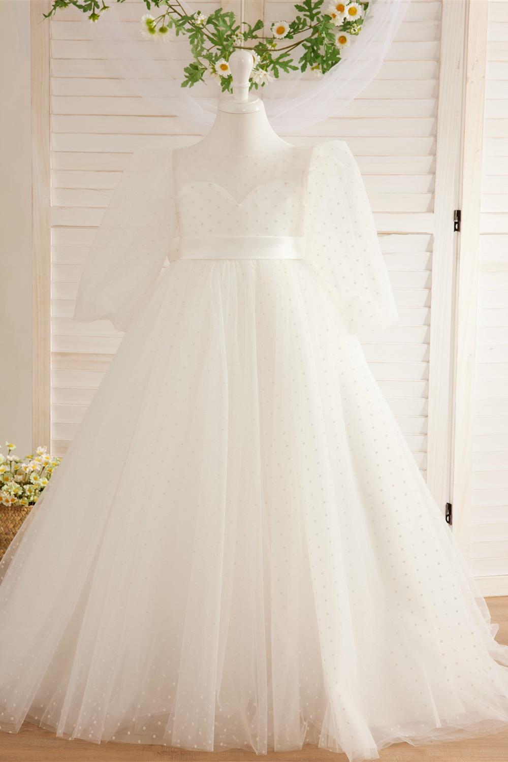 Elegant Polka Dot Tulle Puff Sleeve Sweep Train First Communion Flower Girl Dress