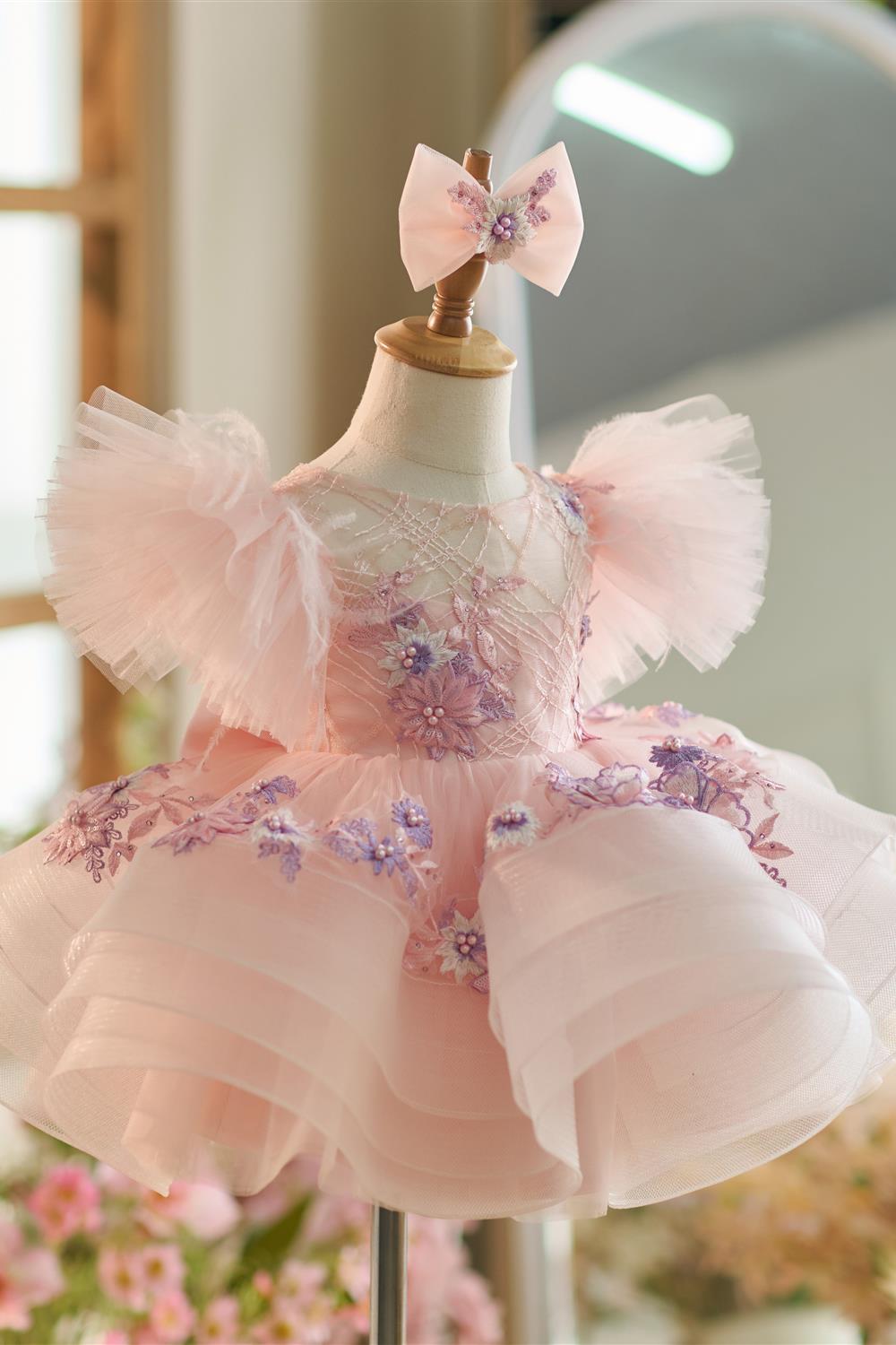Floral Embroidery Puffy Sleeves Tulle Knee-length Baby Girl Dress