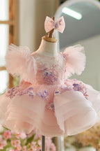 Floral Embroidery Puffy Sleeves Tulle Knee-length Baby Girl Dress