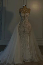 Heavy Mermaid Wedding Dress V-neck Spaghetti Strap Long With Beadings (ZD17406)
