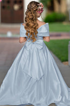 Elegant Ivory Satin Princess Ball Gown with Sweep Train and Bow for Flower Girls