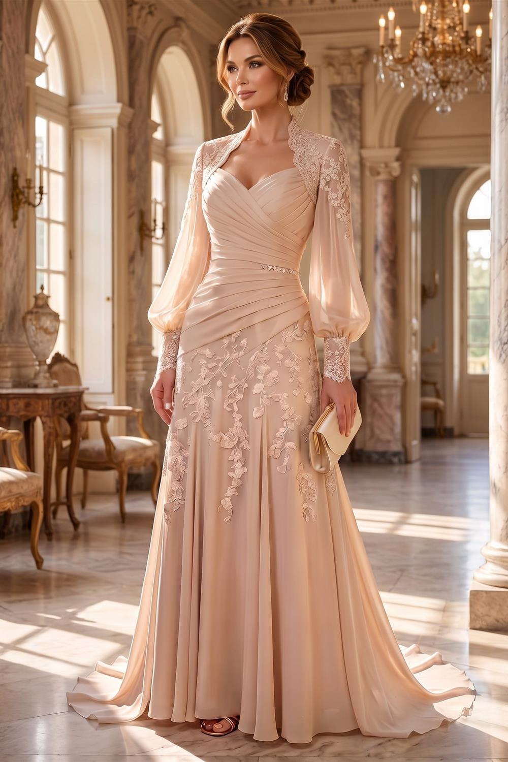 A-Line/Princess V-Neck Lace Appliques Floor-Length Mother of the Bride & Groom Dresses with Sweep Train & Pleats (SHI22501681)