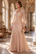 A-Line/Princess V-Neck Lace Appliques Floor-Length Mother of the Bride & Groom Dresses with Sweep Train & Pleats (SHI22501681)