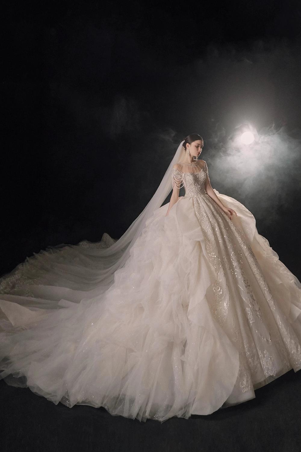 Glamouröses Ballkleid mit Illusion-Ausschnitt, Perlen- und Spitzenbesatz, Fransen und Rüschenschleppe – Hochzeitskleid E-307
