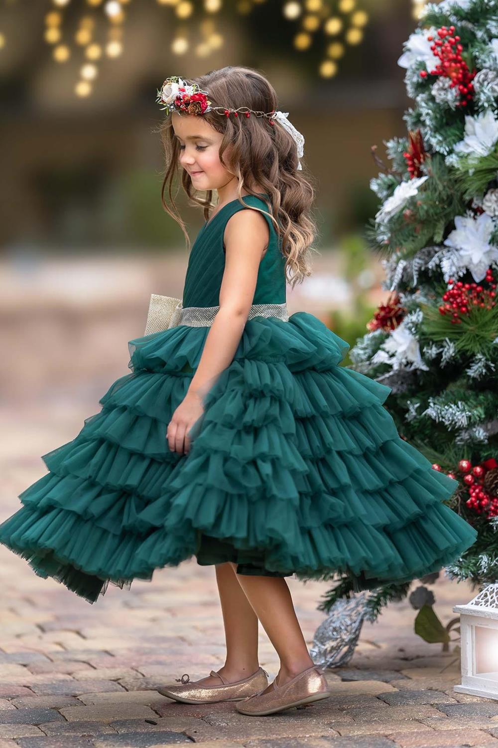 Enchanting Dark Green Tulle Ruffled Dress with Gold Bow