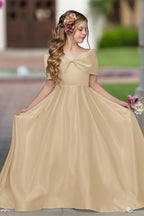 Elegant Ivory Satin Princess Ball Gown with Sweep Train and Bow for Flower Girls