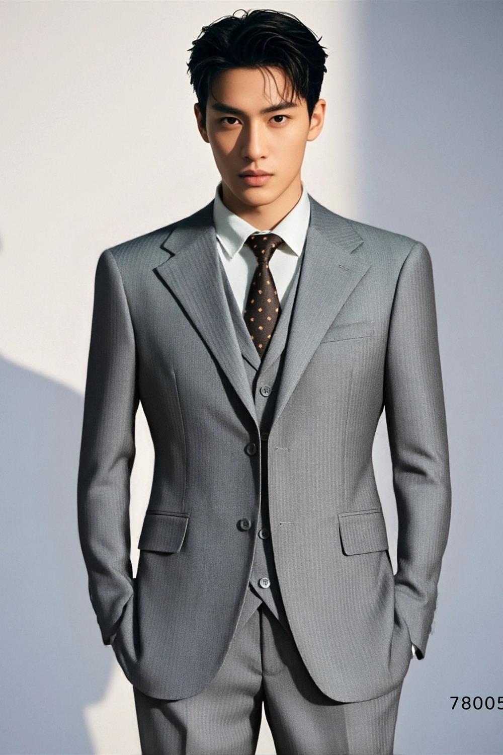 Traje de tres piezas en lana gris con rayas discretas para novios y negocios