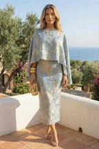 A Line V-Neck Stand Collar Half Sleeve Tea-Length Mother of the Bride Dresses with Jacquard (SHI22500307)