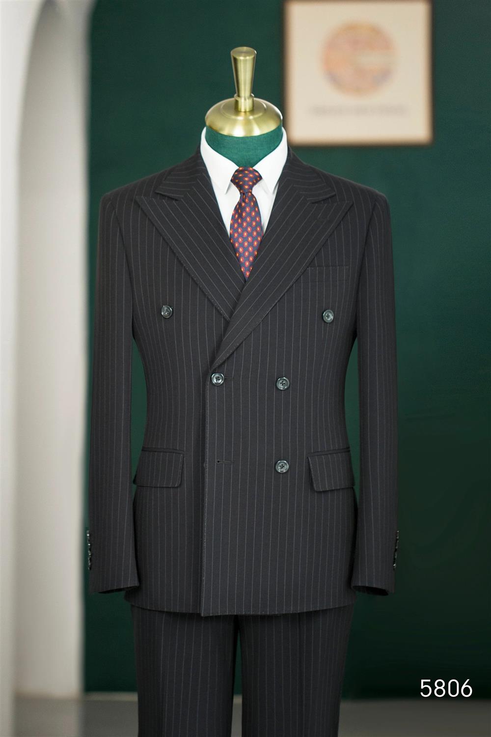 Traje de lana de tres piezas para bodas, de doble botonadura y con raya de alfiler negra, para el novio