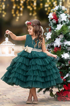 Enchanting Dark Green Tulle Ruffled Dress with Gold Bow