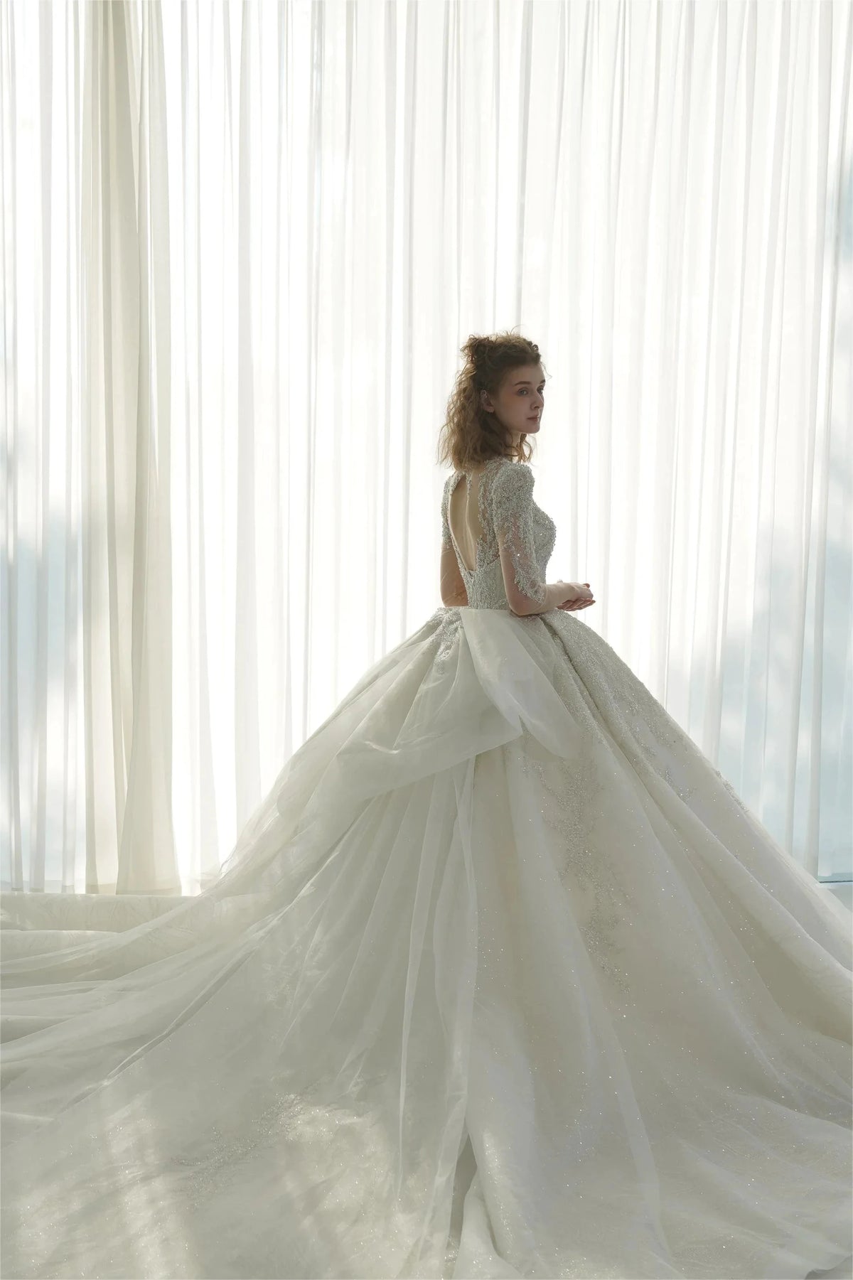 Dazzling Ball Gown Deep V-Neck Tulle Wedding Dress with Beaded Embroidery & Illusion Cut-Out Back Q-6022 (ZD16918)