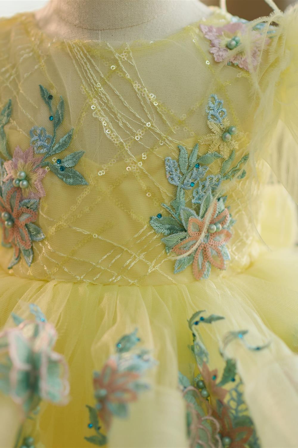 Floral Embroidery Puffy Sleeves Tulle Knee-length Baby Girl Dress